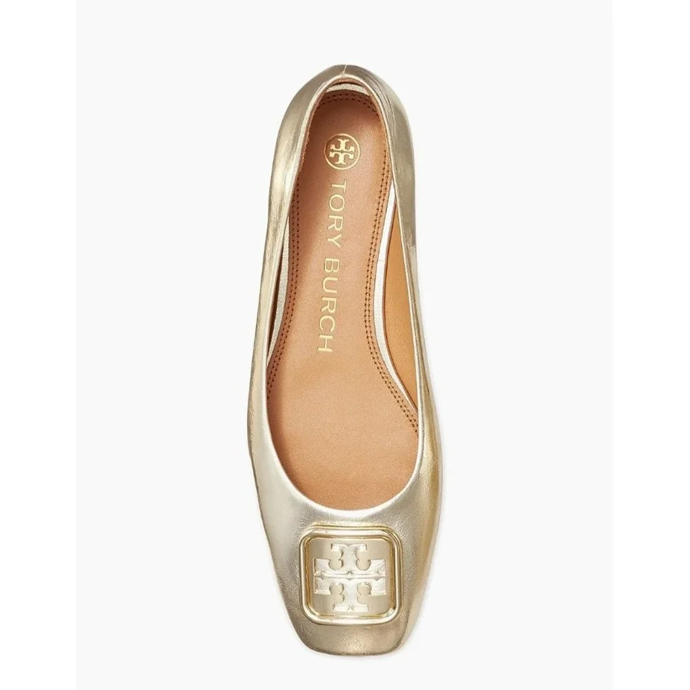 TORY BURCH Gold Square Toe Ballet Flats Logo Size 6